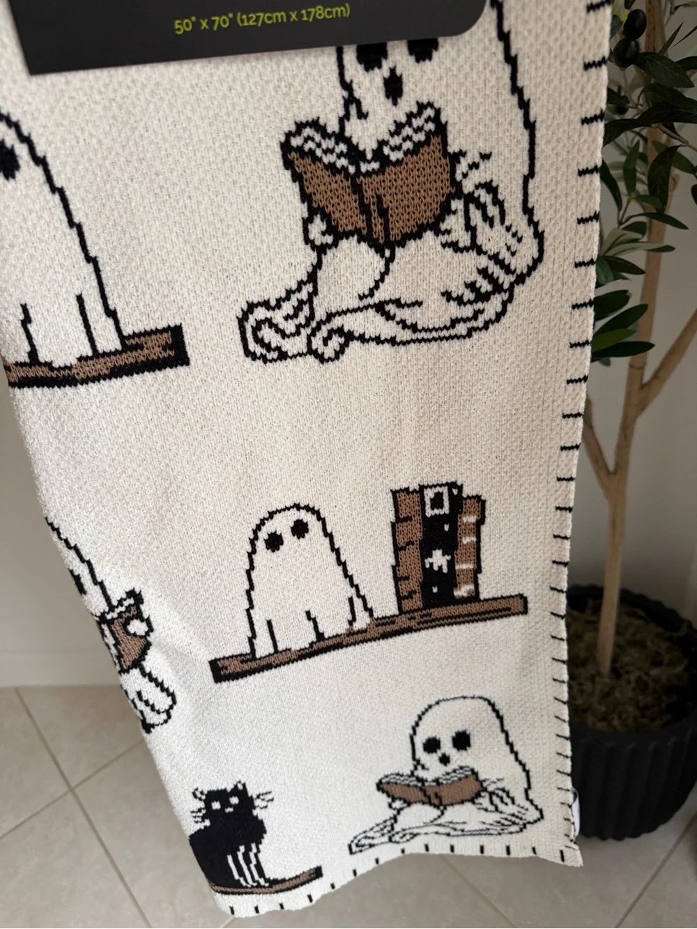 Viral Ghost Reading a Book with Cats Halloween Blanket